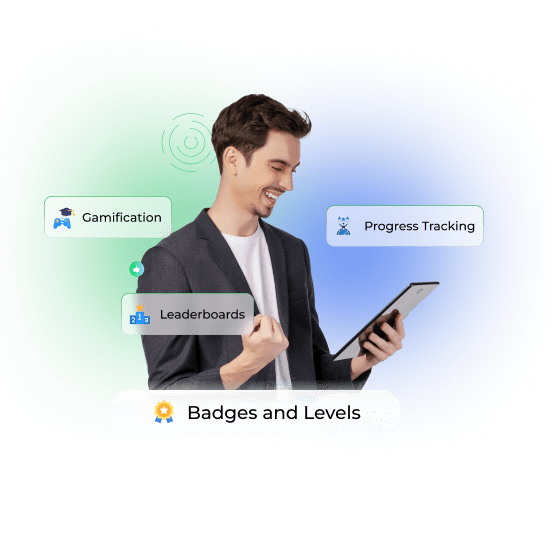 Gamification features including badges, leaderboards, and progress tracking