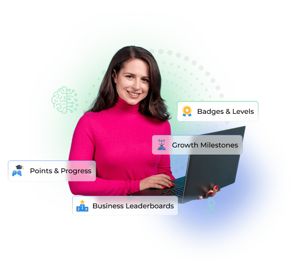 Business gamification including achievement tracking and growth milestones